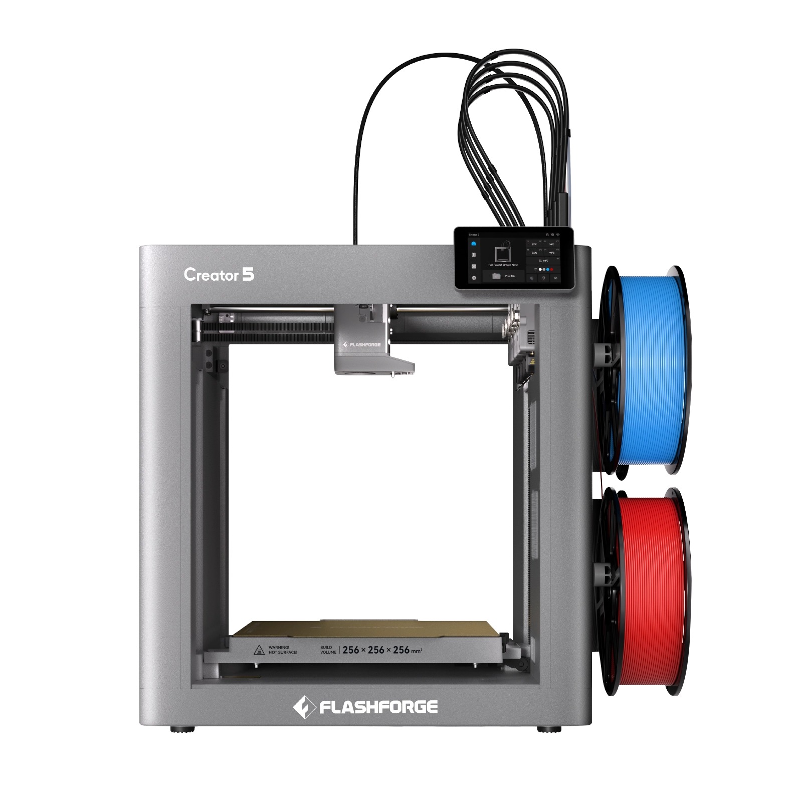 Flashforge Creator 5 vista frontal com filamentos coloridos
